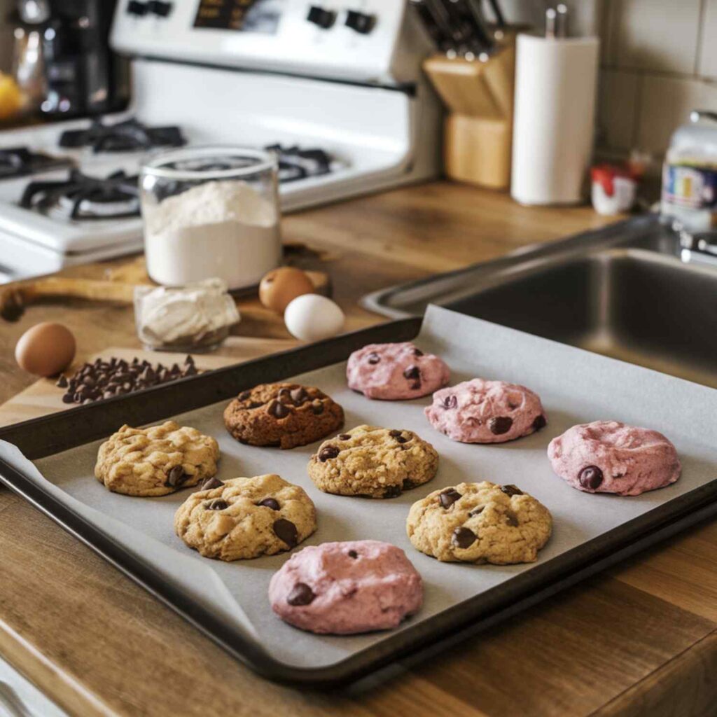 A cozy kitchen scene with a tray of freshly baked cookies on a wooden counter