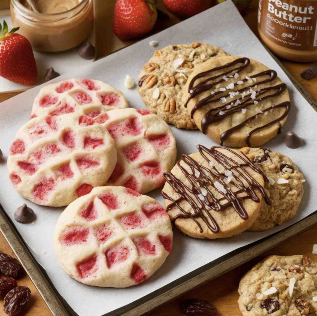 A vibrant and inviting scene showcasing three types of cookies on a wooden tray: strawberry-white chocolate cookies