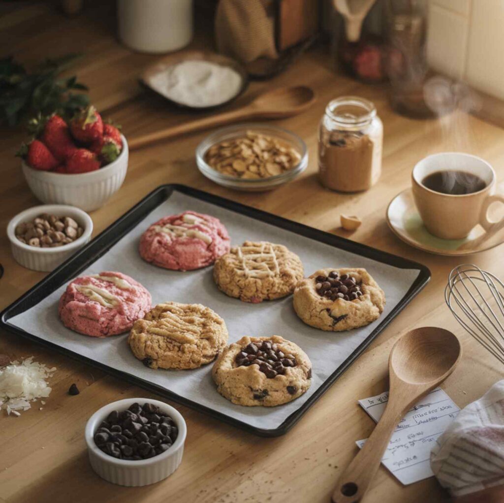 A warm, inviting kitchen countertop featuring a tray of freshly baked cookies