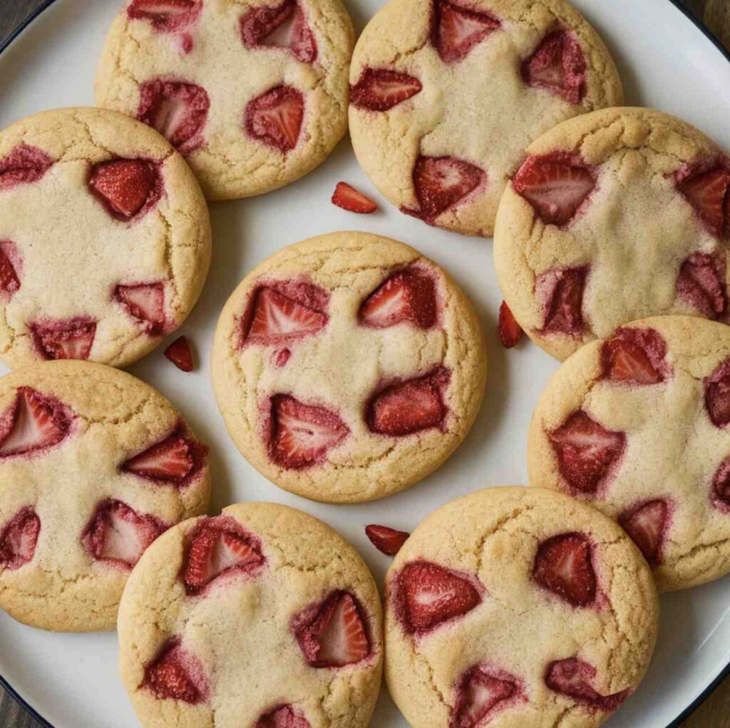 What is a strawberry cookie made of? A batch of freshly baked strawberry cookies with a golden-brown crust, showcasing vibrant strawberry pieces and a soft, chewy texture.