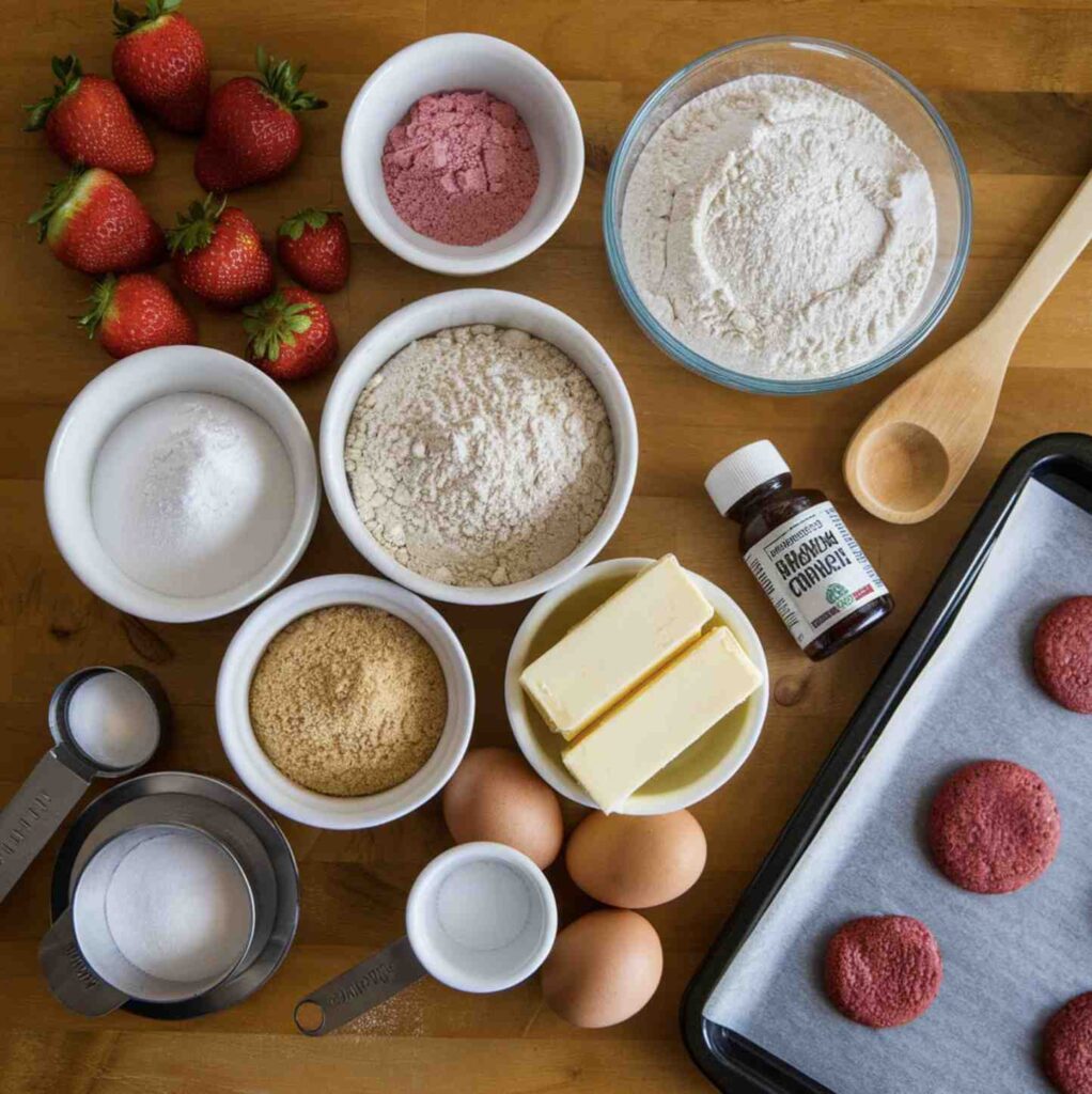 A flat lay of baking ingredients for strawberry cookies arranged neatly on a wooden kitchen countertop