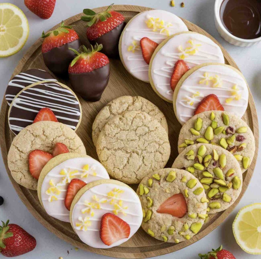 A visually appealing assortment of strawberry cookie variations displayed on a wooden serving board.