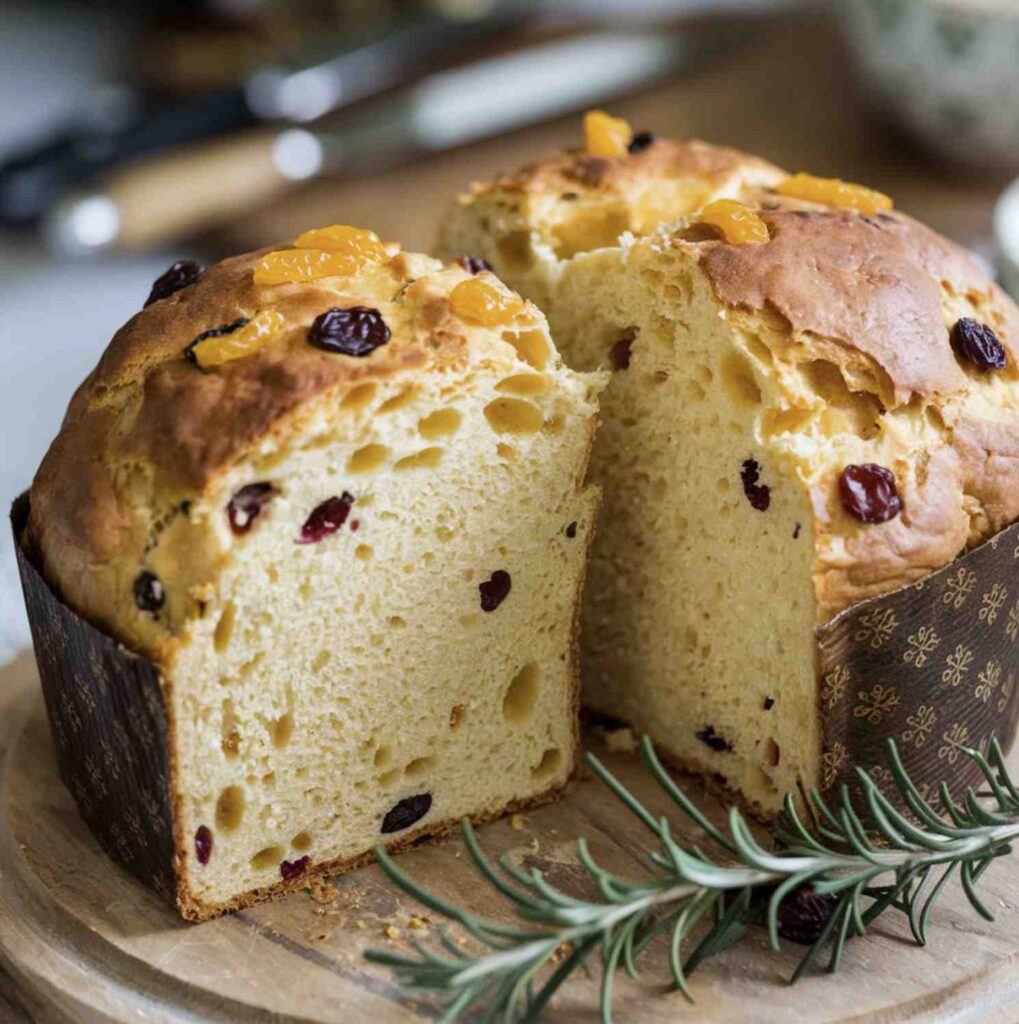 What is the secret to good panettone? A freshly baked panettone loaf, golden brown, with a soft, airy interior dotted with dried fruits and candied orange zest.