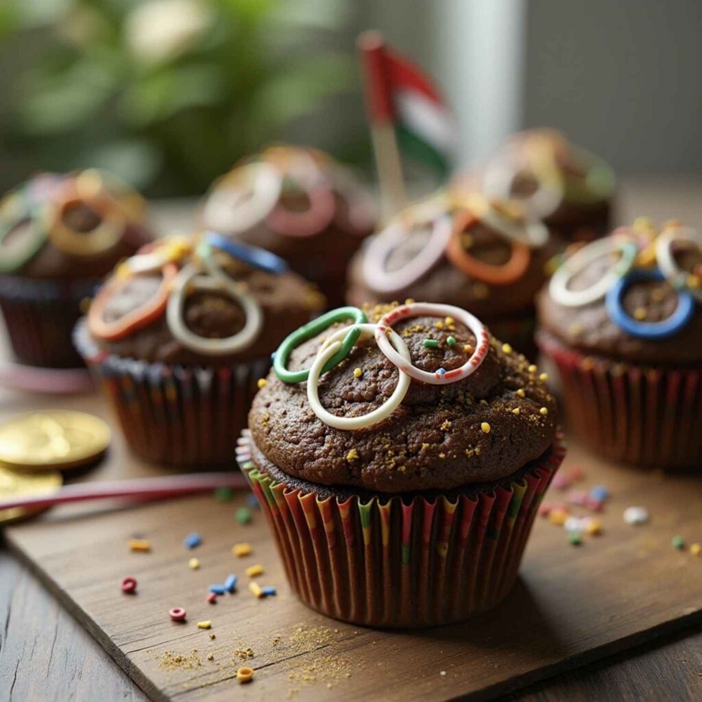 An Olympic-inspired chocolate muffin topped with decorations symbolizing the Olympic rings.