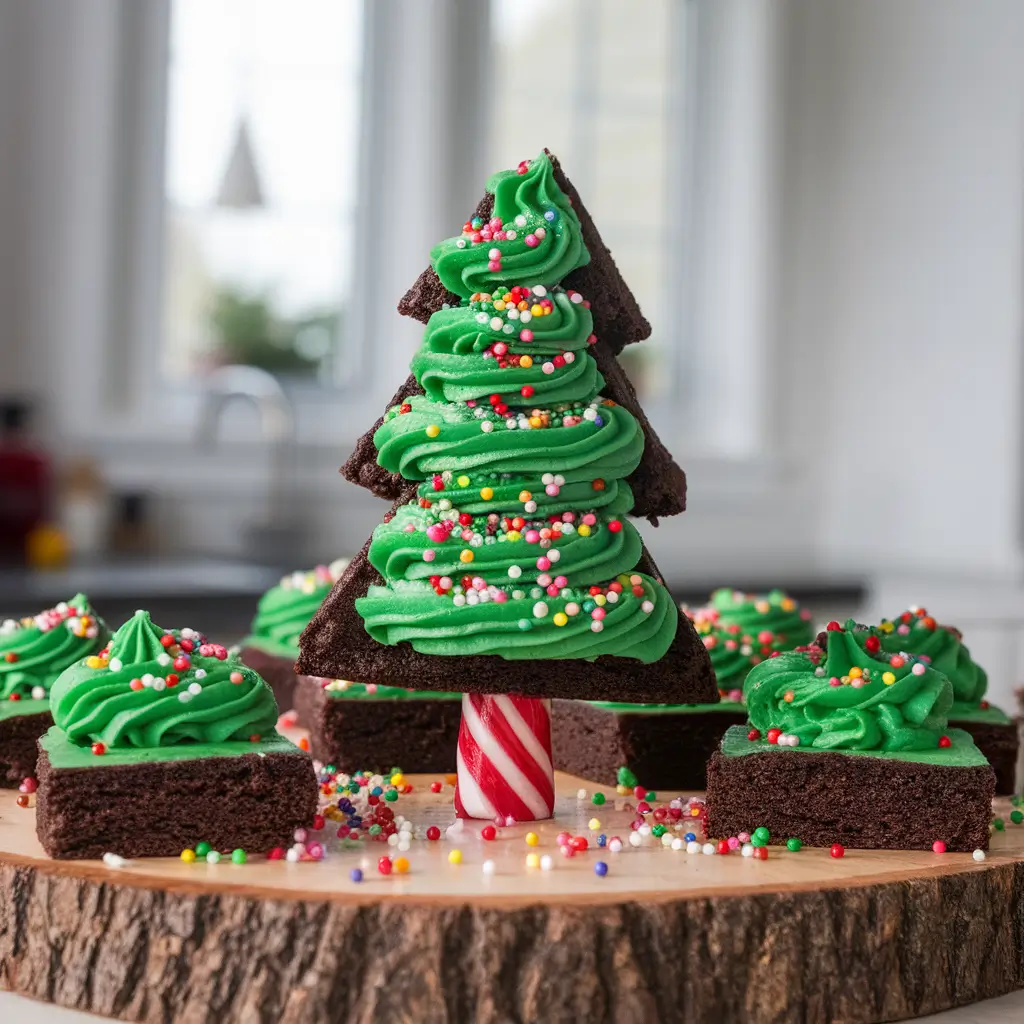 Christmas tree brownies being decorated with frosting and sprinkles on a festive kitchen table.