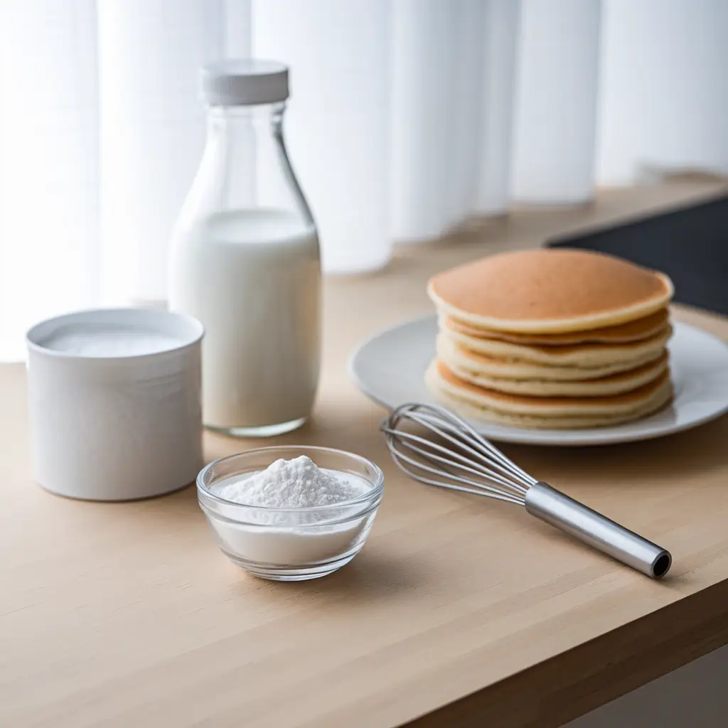 Ingredients for fluffy pancakes, including baking powder, baking soda, and buttermilk, displayed on a wooden kitchen counter with a stack of pancakes in the background.