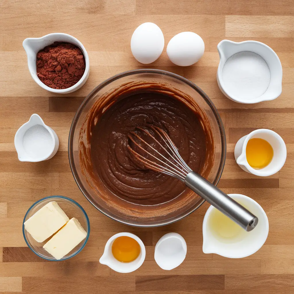 Overhead view of brownie batter in a mixing bowl surrounded by cocoa powder, sugar, eggs, and butter on a wooden counter.