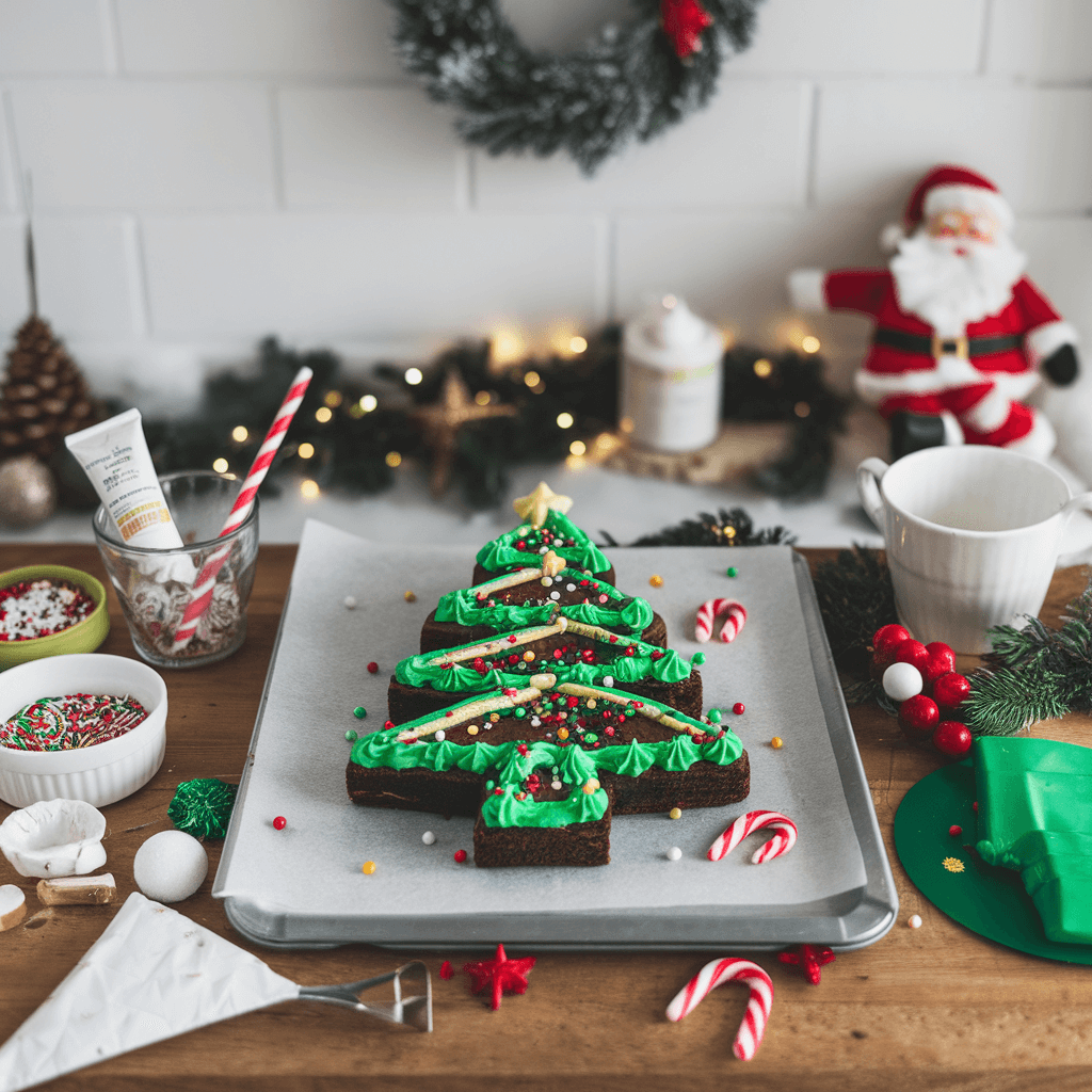 Holiday dessert buffet with Christmas tree brownies as the centerpiece, surrounded by gingerbread cookies, donuts, and hot cocoa mugs.