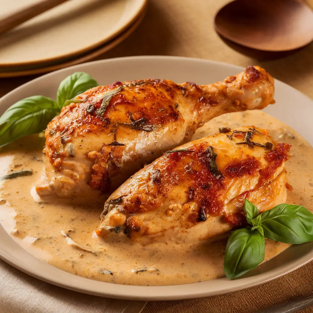 A plate of creamy Marry Me chicken served with basil garnish.