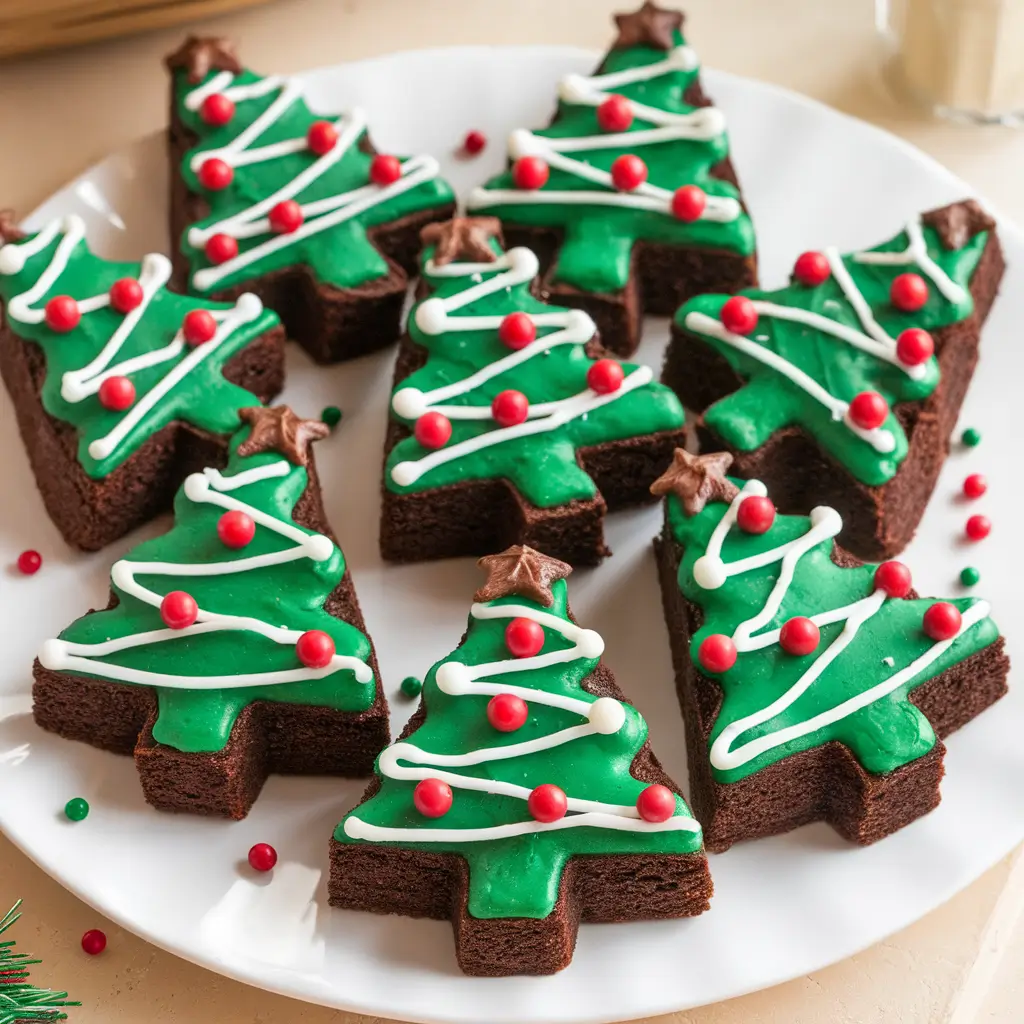 A plate of decorated Christmas tree brownies with colorful icing and sprinkles.