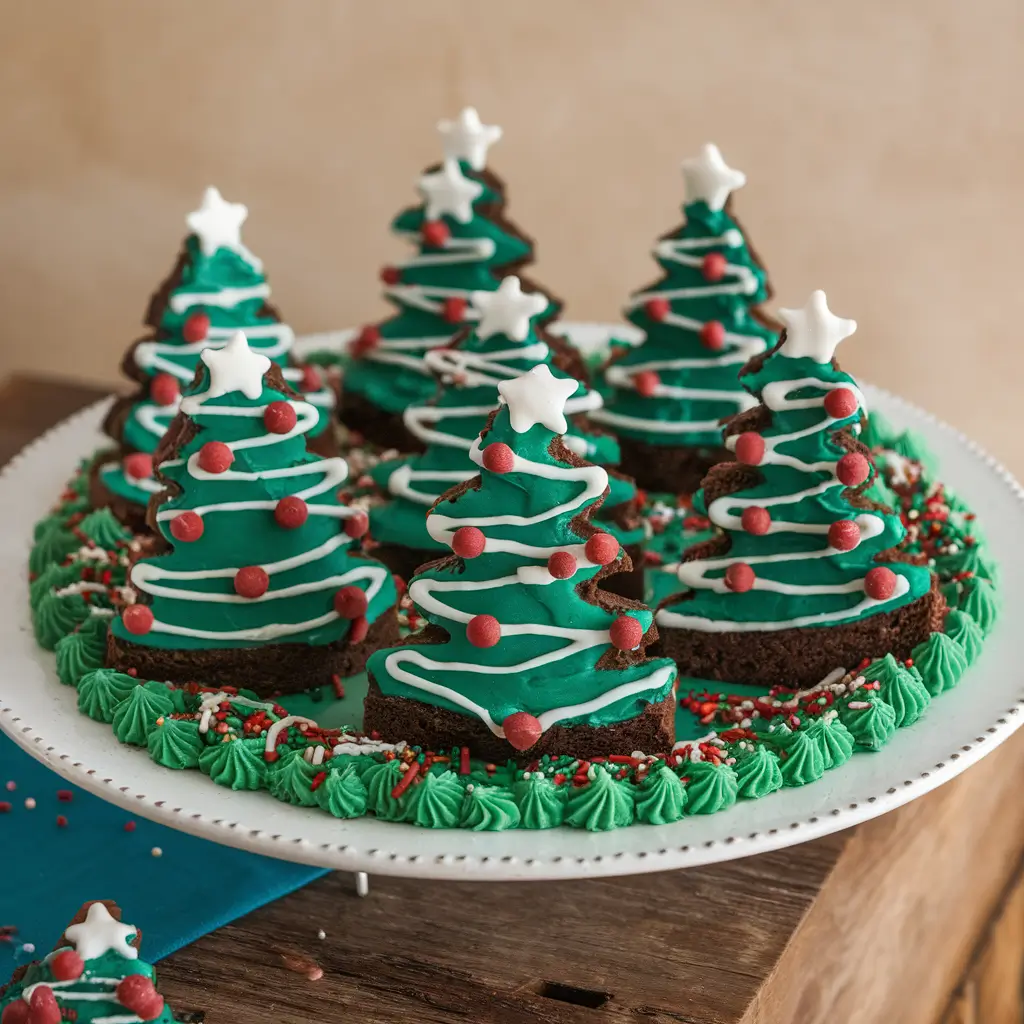 A plate of decorated Christmas tree brownies with colorful icing and sprinkles.