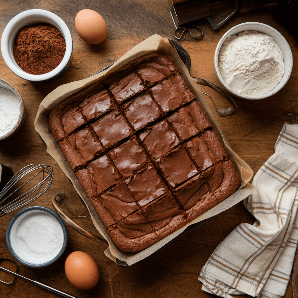 Why is it called a brownie? A pan of freshly baked, sliced brownies on a wooden table surrounded by ingredients like cocoa powder, flour, and eggs.