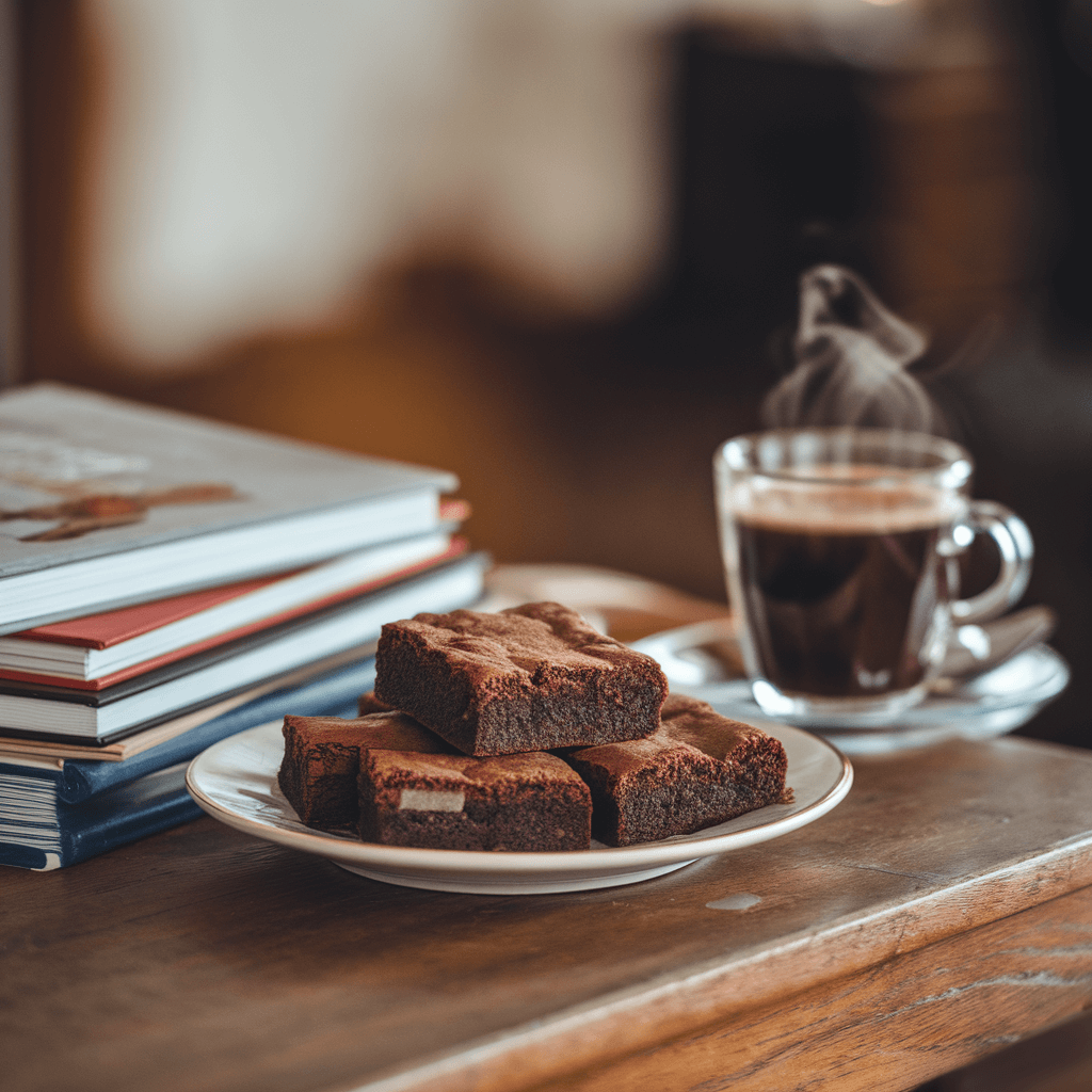 A plate of rich, chocolatey brownies next to a steaming cup of coffee and stacked books on a wooden table.