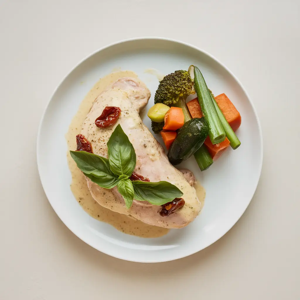 A plate of Marry Me chicken with creamy sauce, fresh basil garnish, and steamed vegetables.