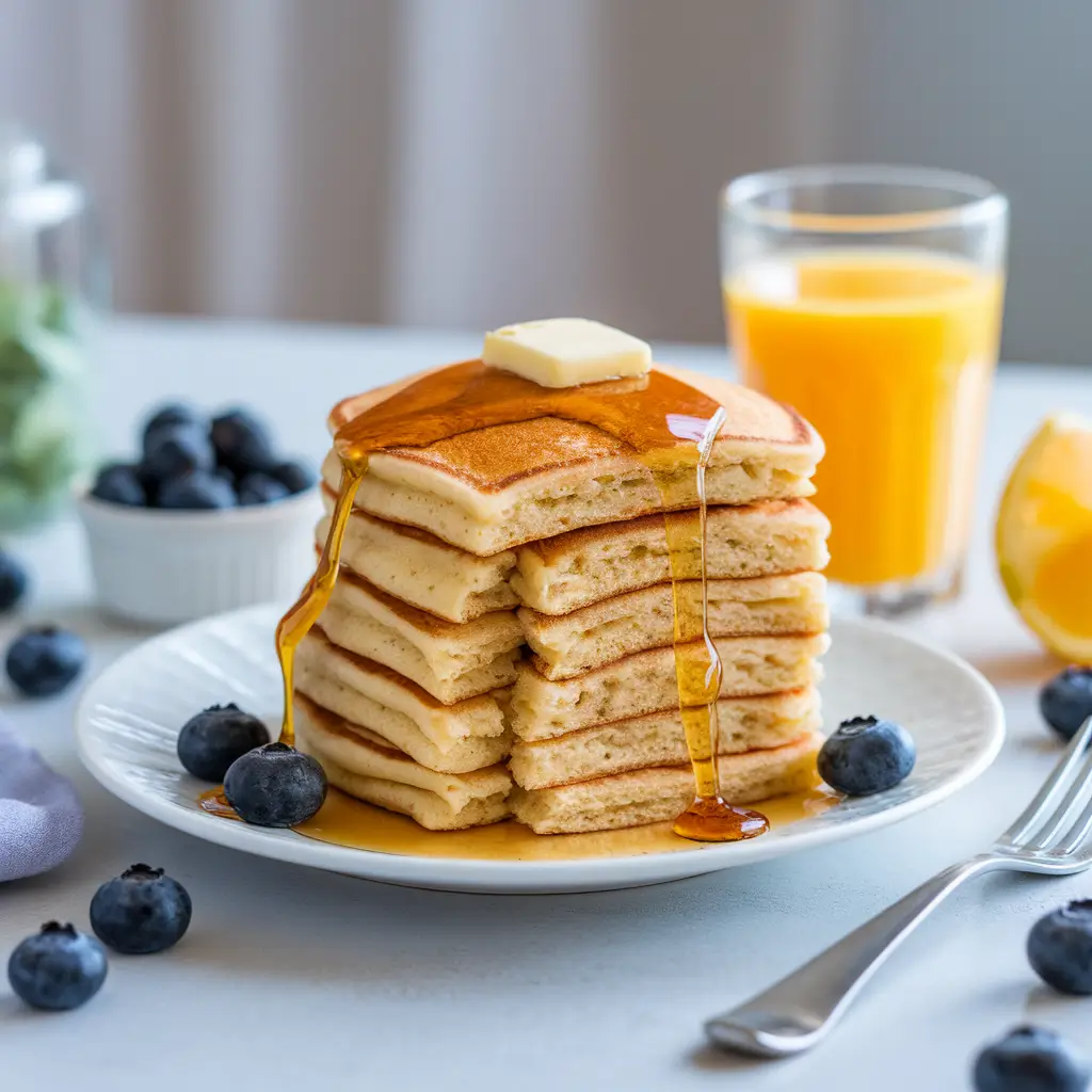 A stack of fluffy golden-brown pancakes drizzled with maple syrup and topped with a pat of melting butter, surrounded by fresh blueberries and a glass of orange juice.