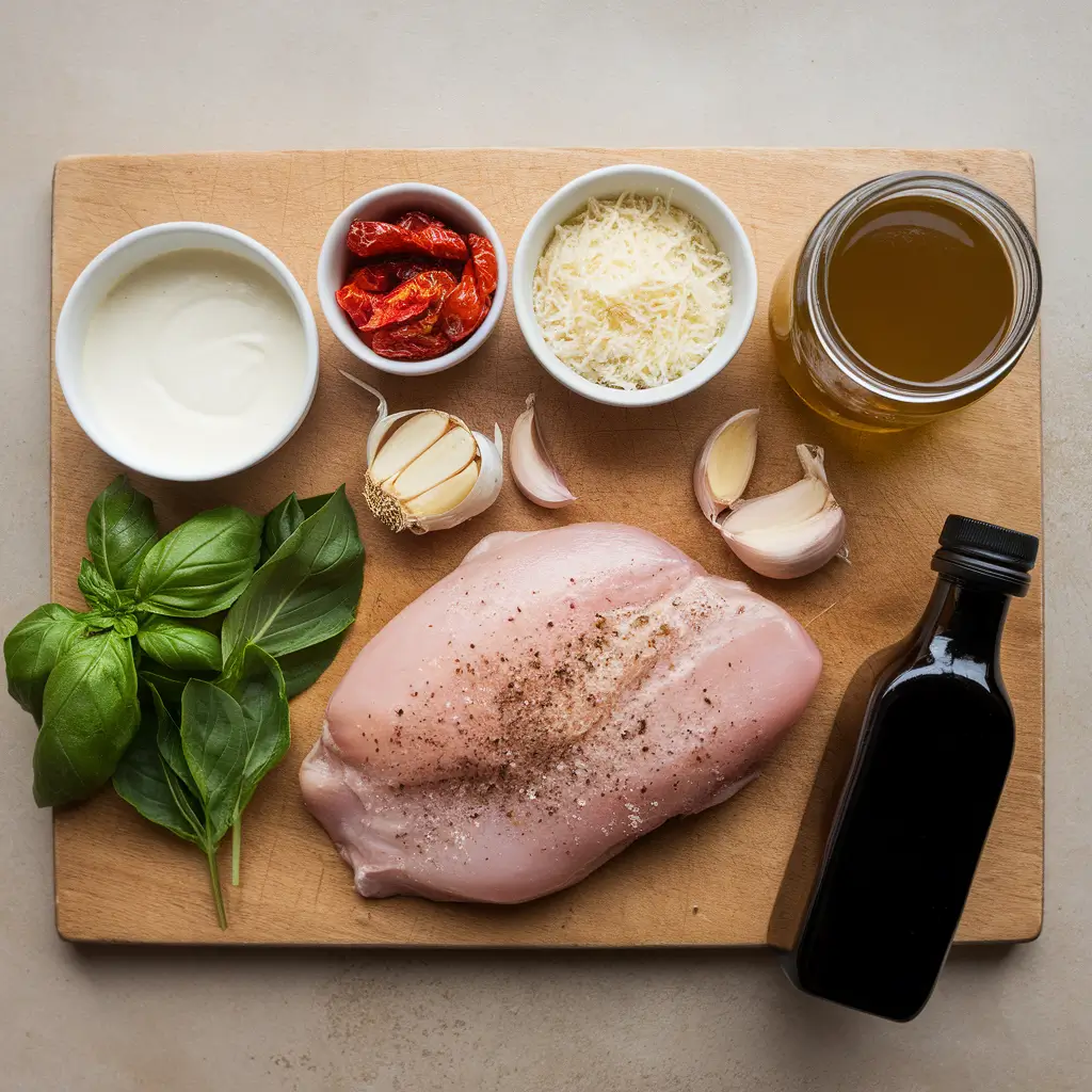 Ingredients for Marry Me chicken on a wooden cutting board, including raw chicken breast, basil leaves, sun-dried tomatoes, garlic, parmesan cheese, cream, chicken broth, and olive oil.