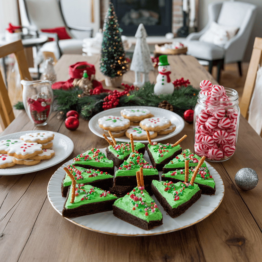 A plate of triangular Christmas tree brownies decorated with green frosting, colorful sprinkles, and pretzel trunks on a festive holiday table.