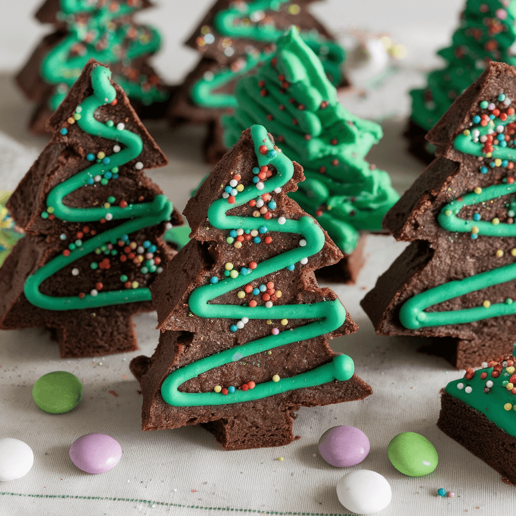 Decorated Christmas tree brownies with green frosting, sprinkles, and candy stars on a festive background.