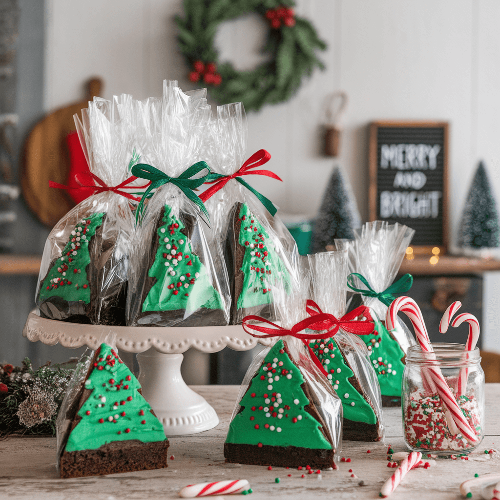 Individually wrapped Christmas tree brownies with ribbons and a festive platter for serving.