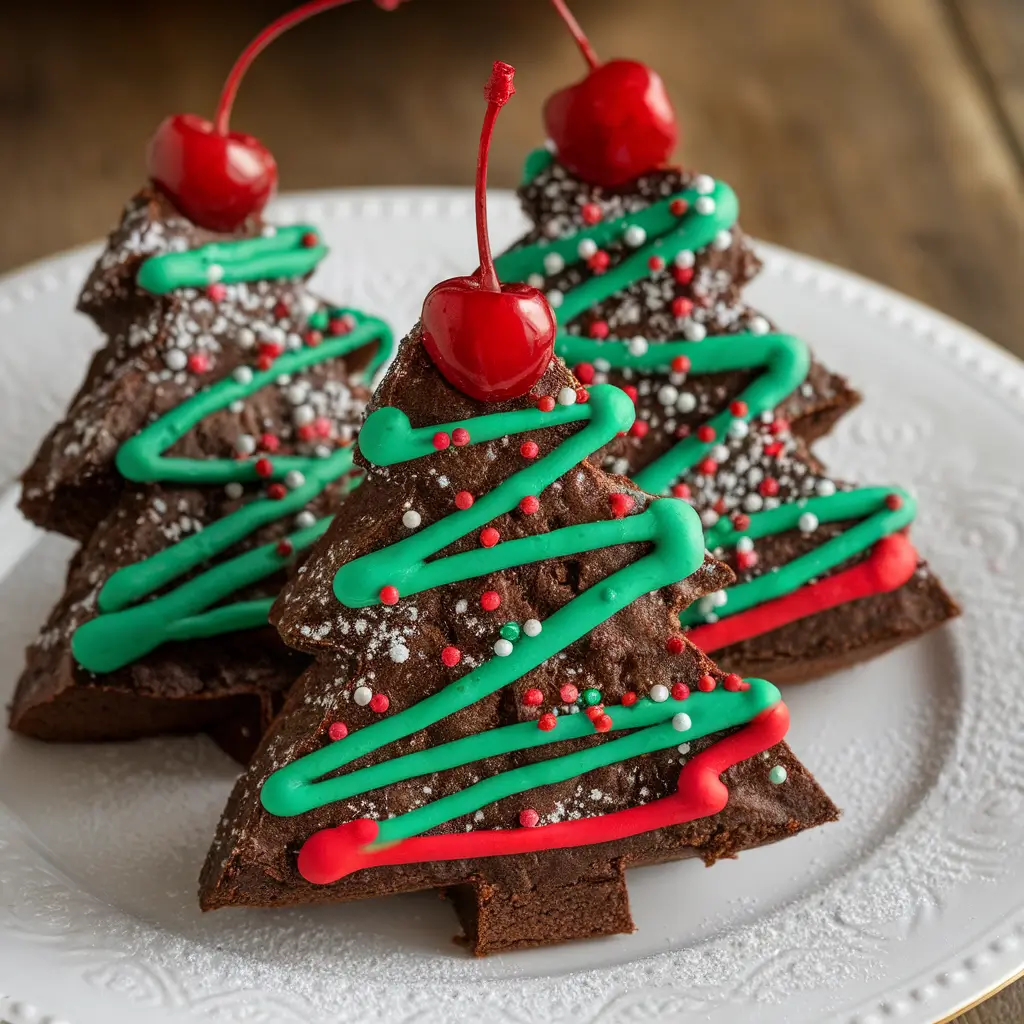 Christmas tree-shaped brownies with festive decorations. How to Cut Brownies into Christmas Trees