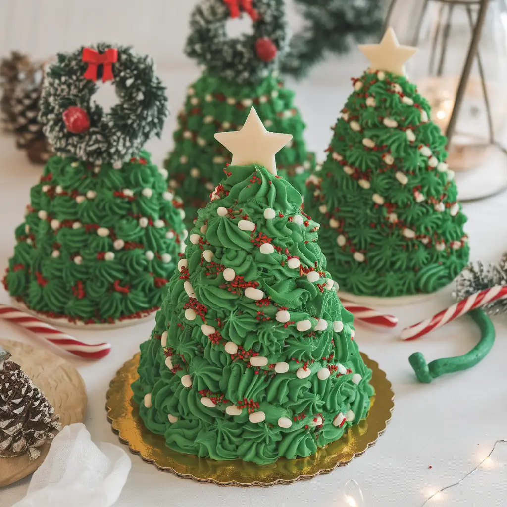 What is a Christmas tree cake?, Festive and decorative Christmas tree cakes with green frosting, sprinkles, and a holiday-themed presentation.