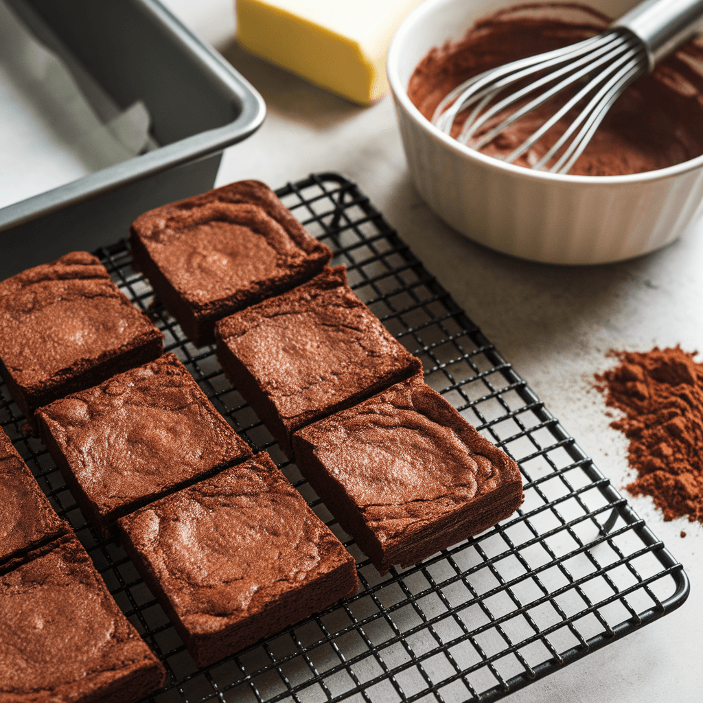 Freshly baked brownies cooling on a wire rack with baking ingredients in the background.