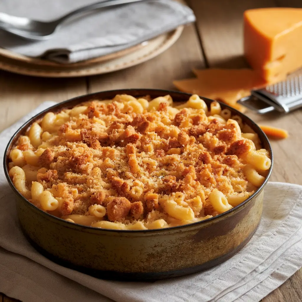 Golden, bubbly old fashioned baked macaroni and cheese in a rustic baking dish with a crispy breadcrumb topping.