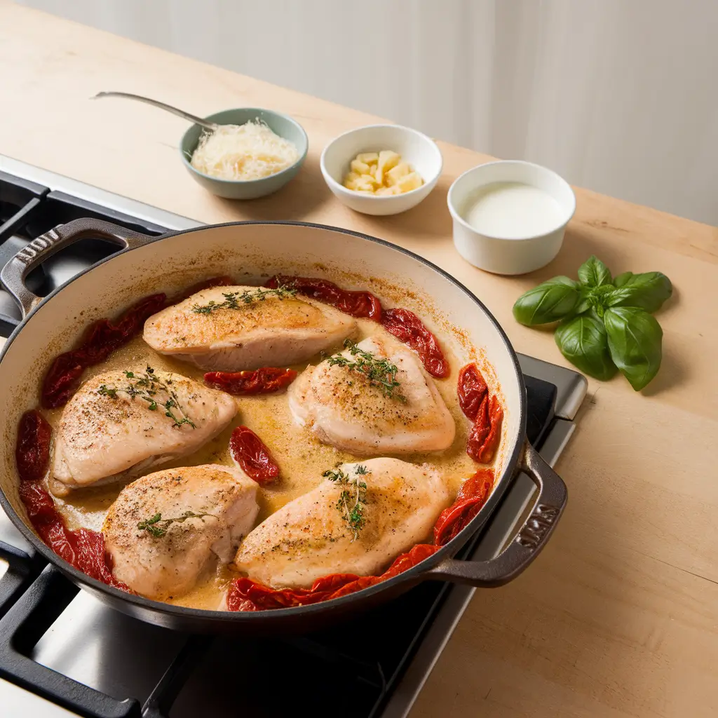 A skillet of Marry Me chicken with creamy sauce, sun-dried tomatoes, and thyme, prepared on a stovetop with fresh basil and ingredients nearby.