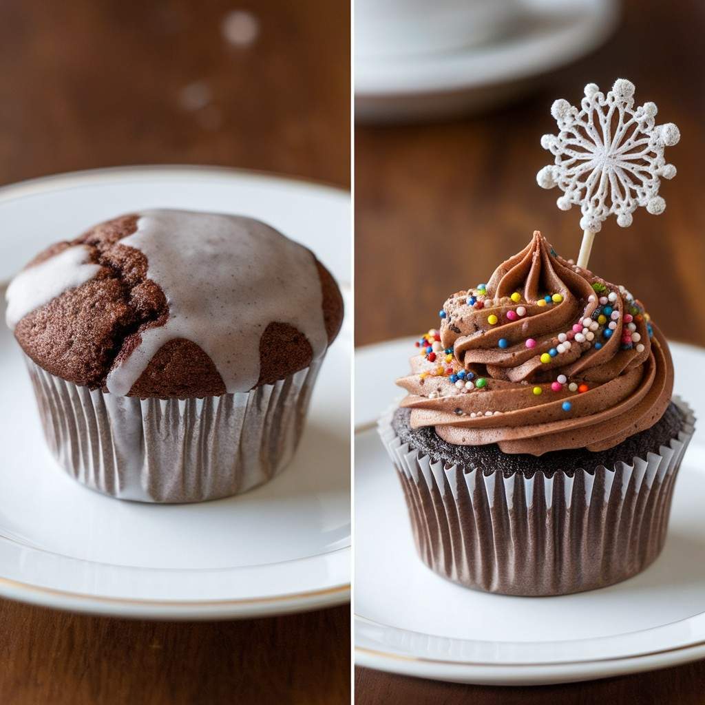 Side-by-side view of a plain chocolate muffin