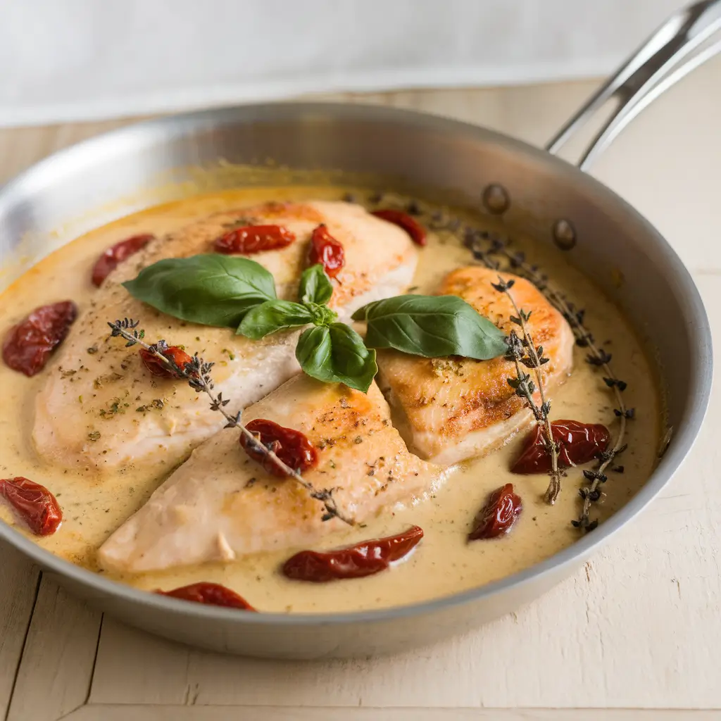 A skillet with Marry Me chicken in creamy sauce, garnished with basil, thyme, and sun-dried tomatoes.