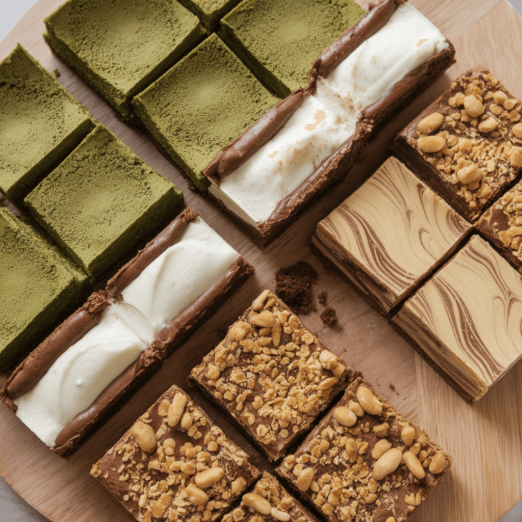 A collection of brownie ingredients, including butter, eggs, cocoa powder, and sugar, with a tray of baked brownies on a clean kitchen counter.