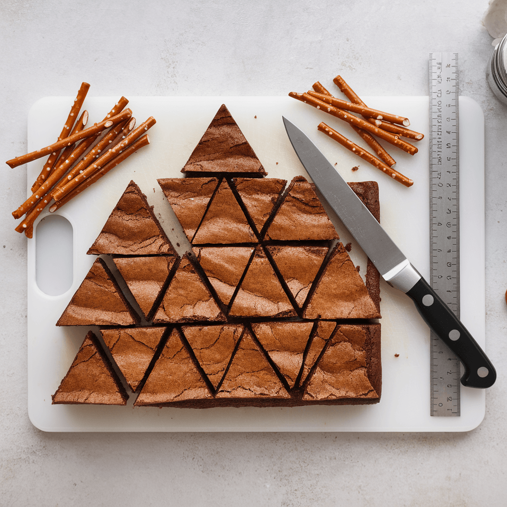 Brownies being cut into triangular Christmas tree shapes with a knife and ruler on a cutting board.