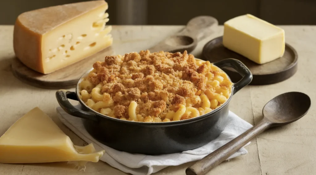 A rustic baking dish filled with golden, bubbly old fashioned baked macaroni and cheese, surrounded by a wedge of cheese, butter, and a wooden spoon on a vintage wooden table.