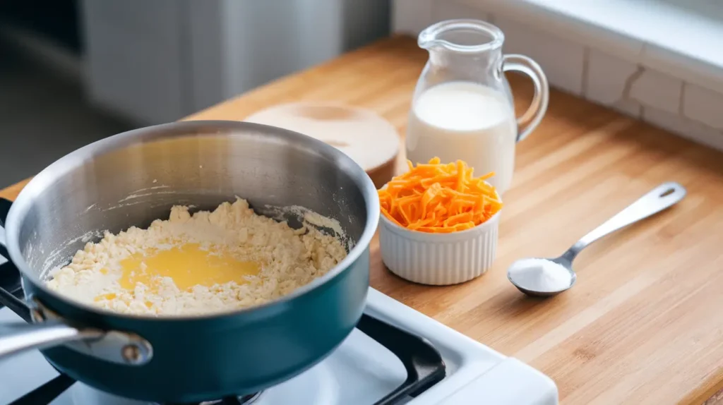 A saucepan on a stovetop with butter and flour whisked into a golden roux, surrounded by shredded cheddar, a jug of milk, and a pinch of salt on a wooden countertop.