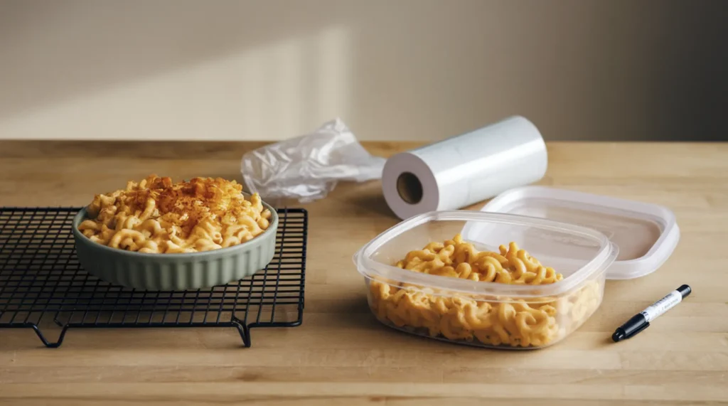 A dish of macaroni and cheese cooling on a rack, next to a freezer-safe container partially filled with portions, along with plastic wrap and a marker on a wooden countertop.