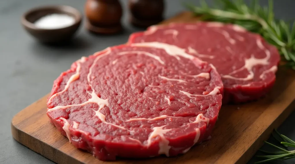 An uncooked Wagyu beef patty with visible marbling on a wooden cutting board, accompanied by salt, pepper, and rosemary.