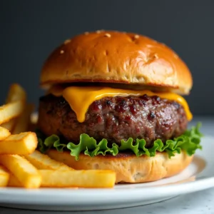 A delicious Wagyu beef burger with cheddar, lettuce, and tomato on a brioche bun, served with crispy fries on a white plate.