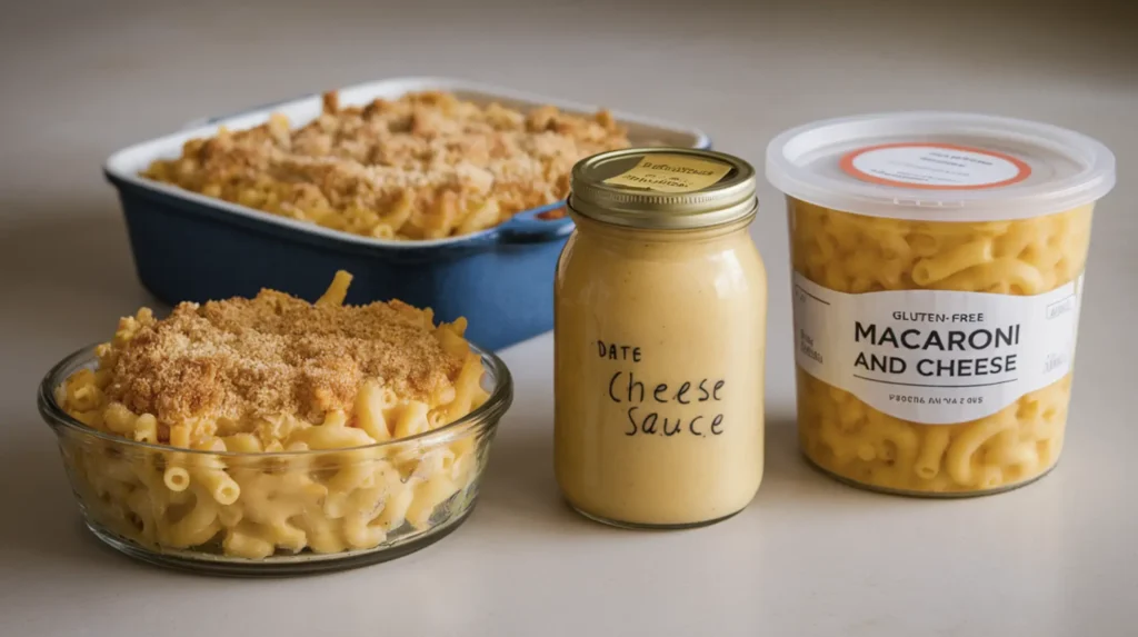 Three variations of macaroni and cheese prepared for freezing: a casserole topped with breadcrumbs, a jar of cheese sauce with uncooked pasta, and a gluten-free version in a labeled container on a kitchen countertop.