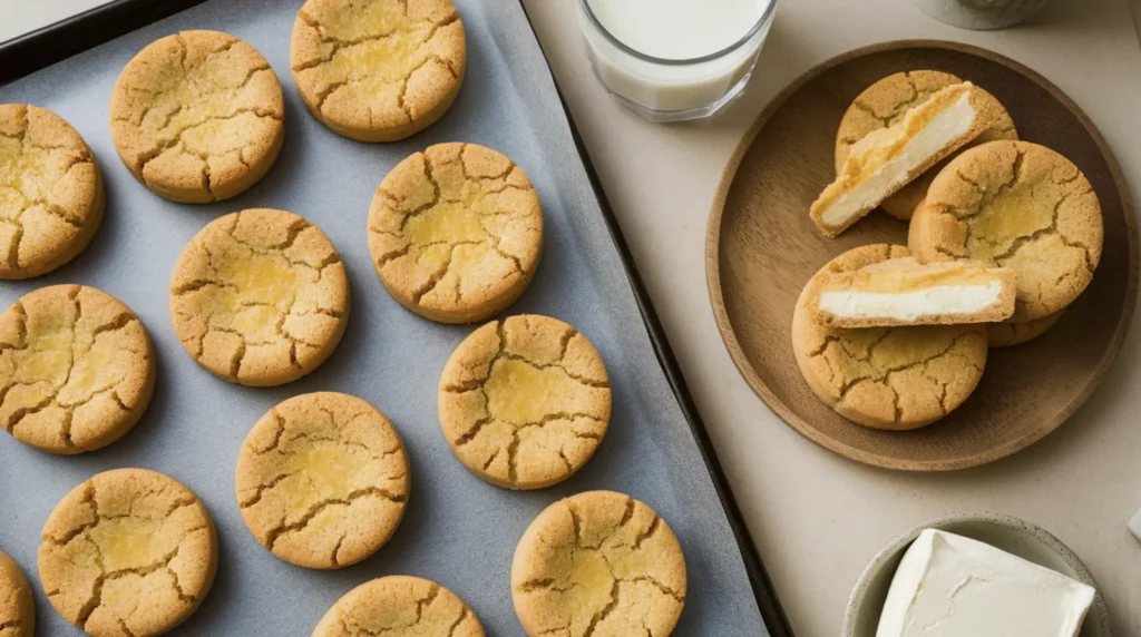 Freshly baked Cheesecake Cookies on a parchment-lined tray with a soft, creamy center.