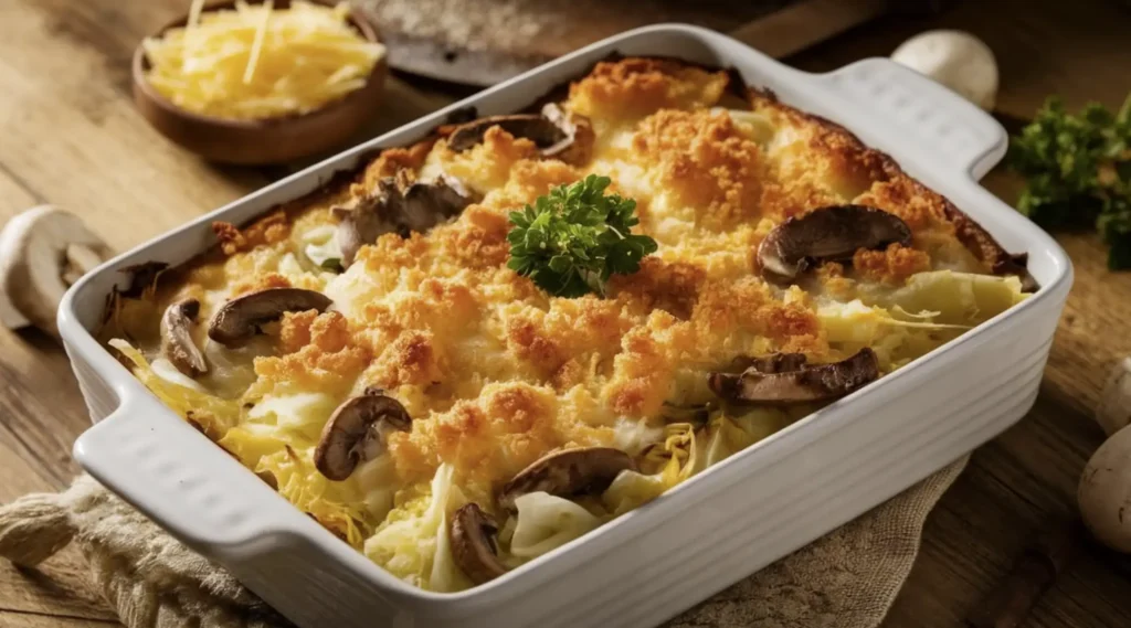 Golden-brown cheesy cabbage & mushroom casserole in a white dish, garnished with parsley on a wooden table.