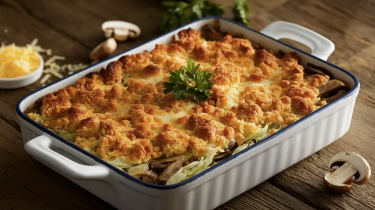 Golden-brown cheesy cabbage & mushroom casserole in a white dish, garnished with parsley on a wooden table.