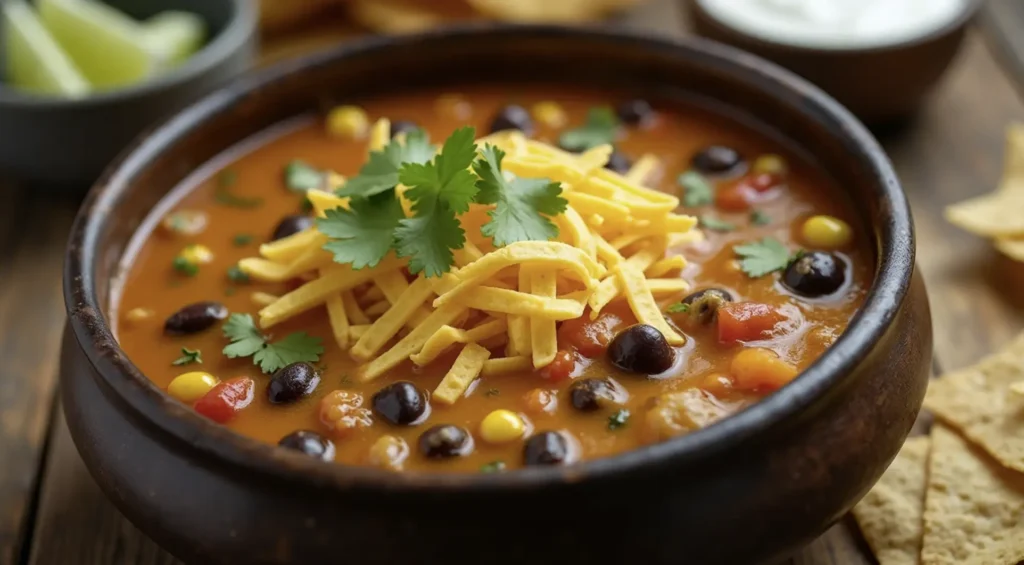 Taco Soup Recipe A bowl of cheesy taco soup garnished with shredded cheese, cilantro, and tortilla chips, with sour cream and lime wedges on the side.