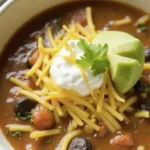 A bowl of cheesy taco soup garnished with shredded cheese, cilantro, and tortilla chips, with sour cream and lime wedges on the side.