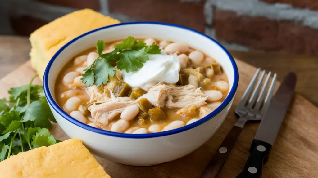 Creamy white chicken chili in a bowl, topped with avocado, cilantro, and a lime wedge, served on a rustic wooden table.