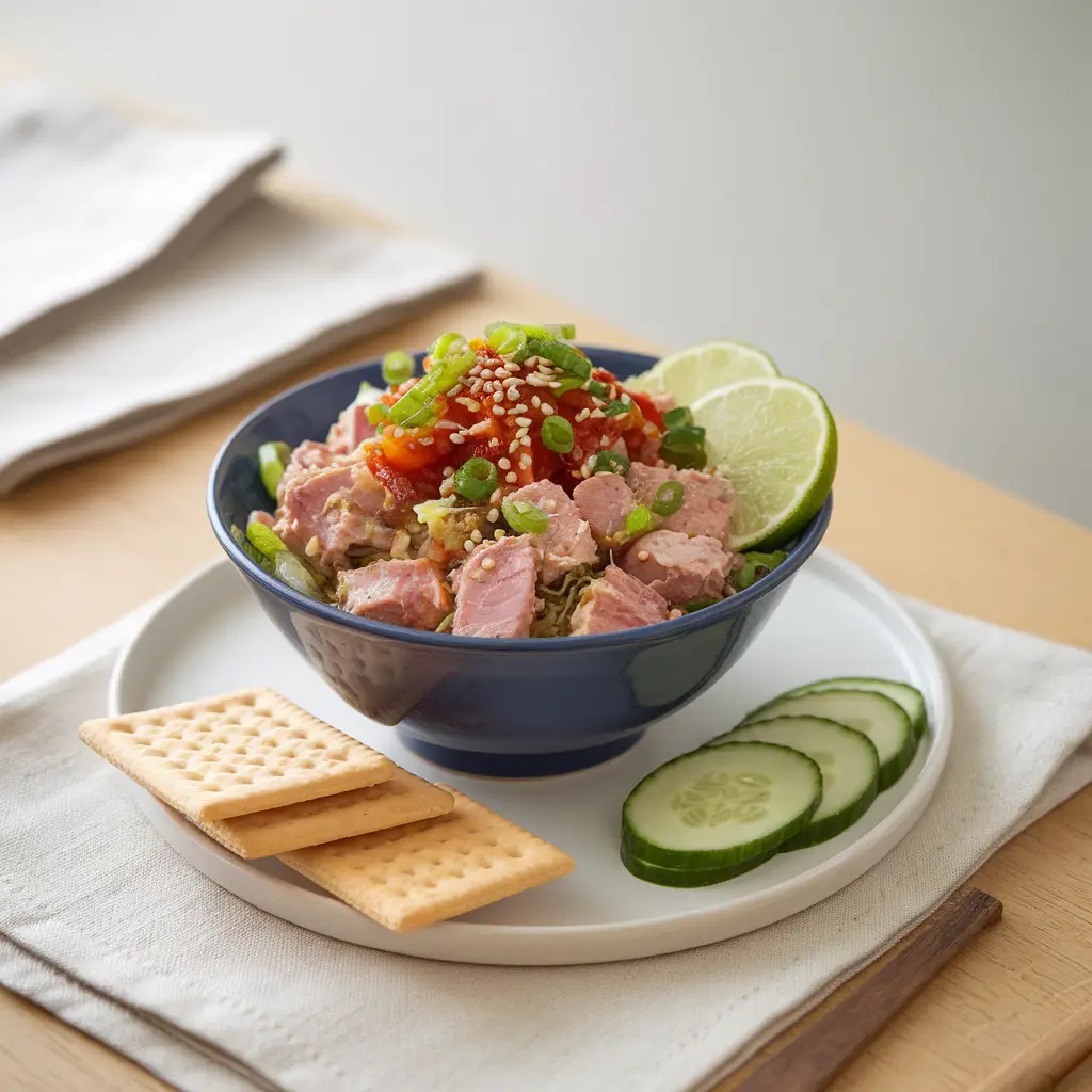 A vibrant bowl of kimchi tuna salad garnished with sesame seeds, sliced green onions, and lime wedges, served with cucumber slices and crackers on a wooden table.