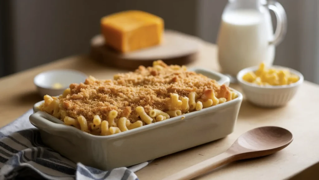 A golden baked mac and cheese in a rectangular casserole dish with a crispy breadcrumb topping, resting on a wooden kitchen counter.