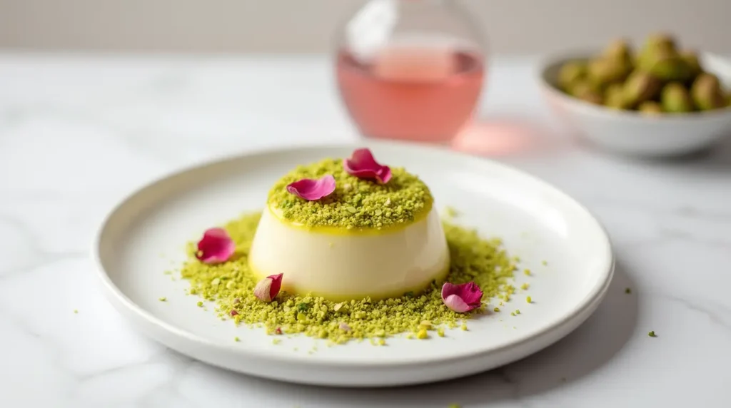 Layered Terra Massoud dessert with pistachios and rose petals on a white plate, with simple background elements like a bowl of pistachios and rose water.