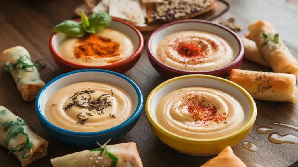 Four bowls of cheese sauce variations: Italian with Parmesan and basil, Mexican with cumin and paprika, Middle Eastern with za’atar, and Asian with sesame oil, arranged on a wooden surface.