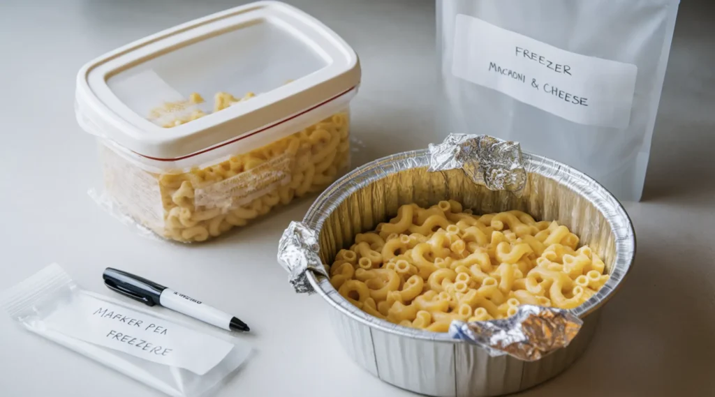 A freezer-safe container with macaroni and cheese sealed with a tight lid and plastic wrap, alongside an aluminum pan wrapped in foil and a labeled freezer bag on a clean countertop.