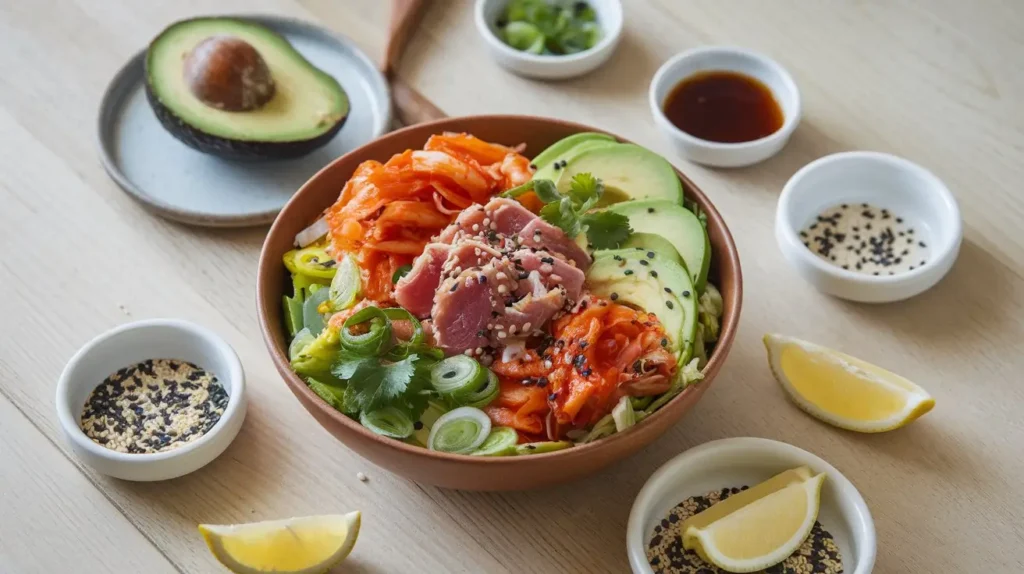 A bowl of Kimchi Tuna Salad garnished with sesame seeds, green onions, and cilantro, surrounded by small dishes of avocado, lemon wedges, and sesame seeds on a wooden table.